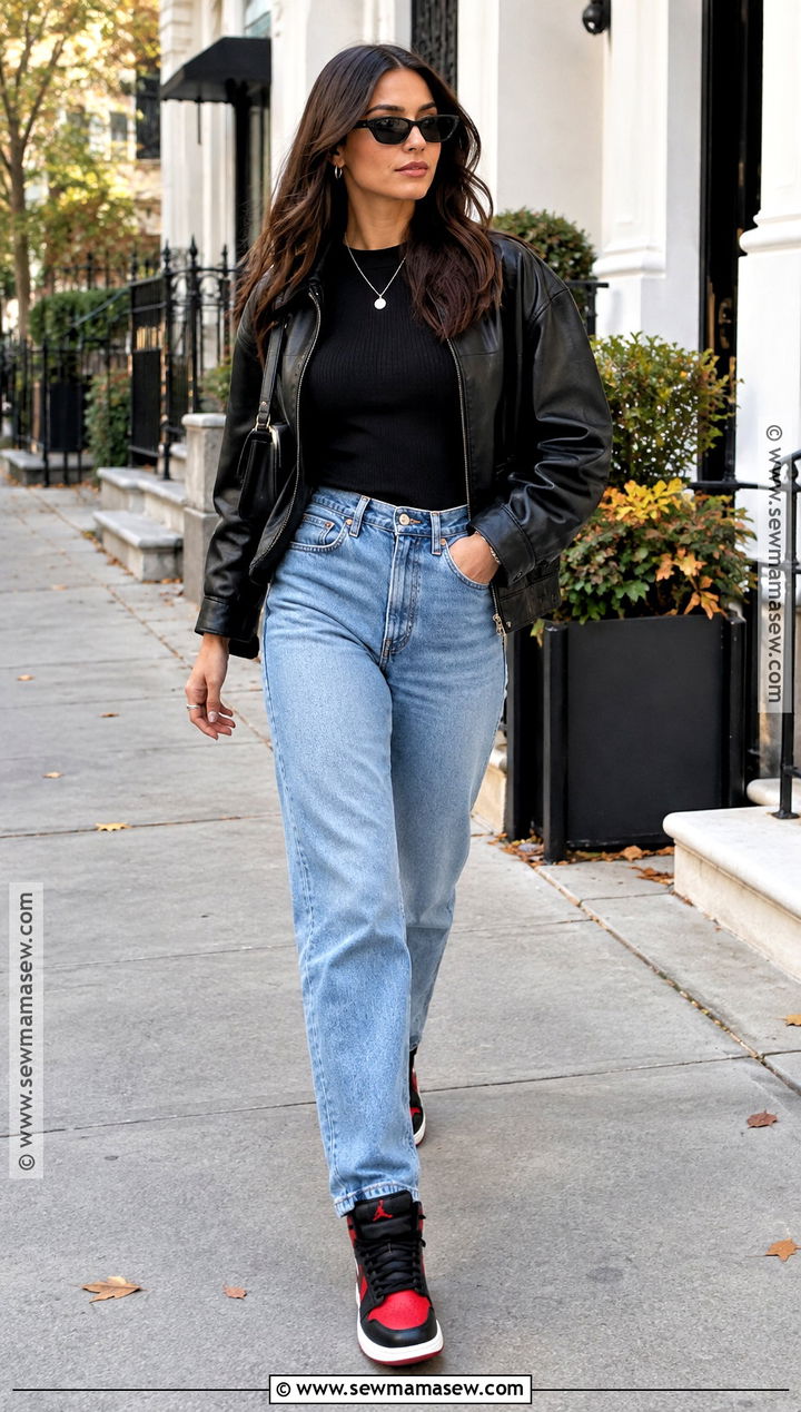 Jordan 1 With Mom Jeans And Leather Jacket - 20 jordan 1 outfit women fall ideas