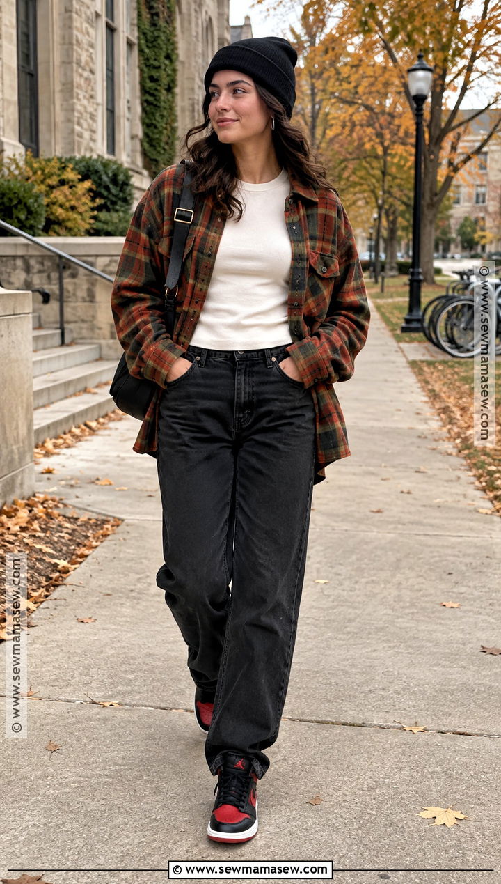 Jordan 1 With Plaid Shirt And Black Jeans - 20 jordan 1 outfit women fall ideas