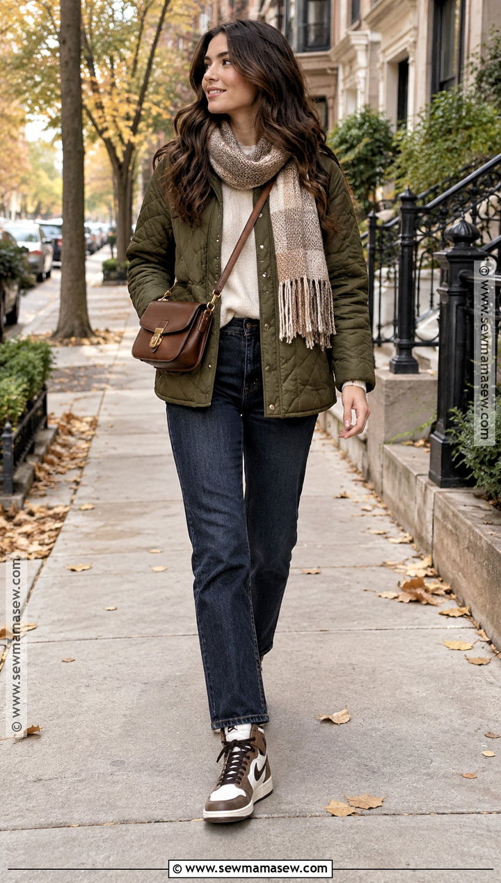 Jordan 1 With Quilted Jacket And Dark Wash Jeans - 20 jordan 1 outfit women fall ideas