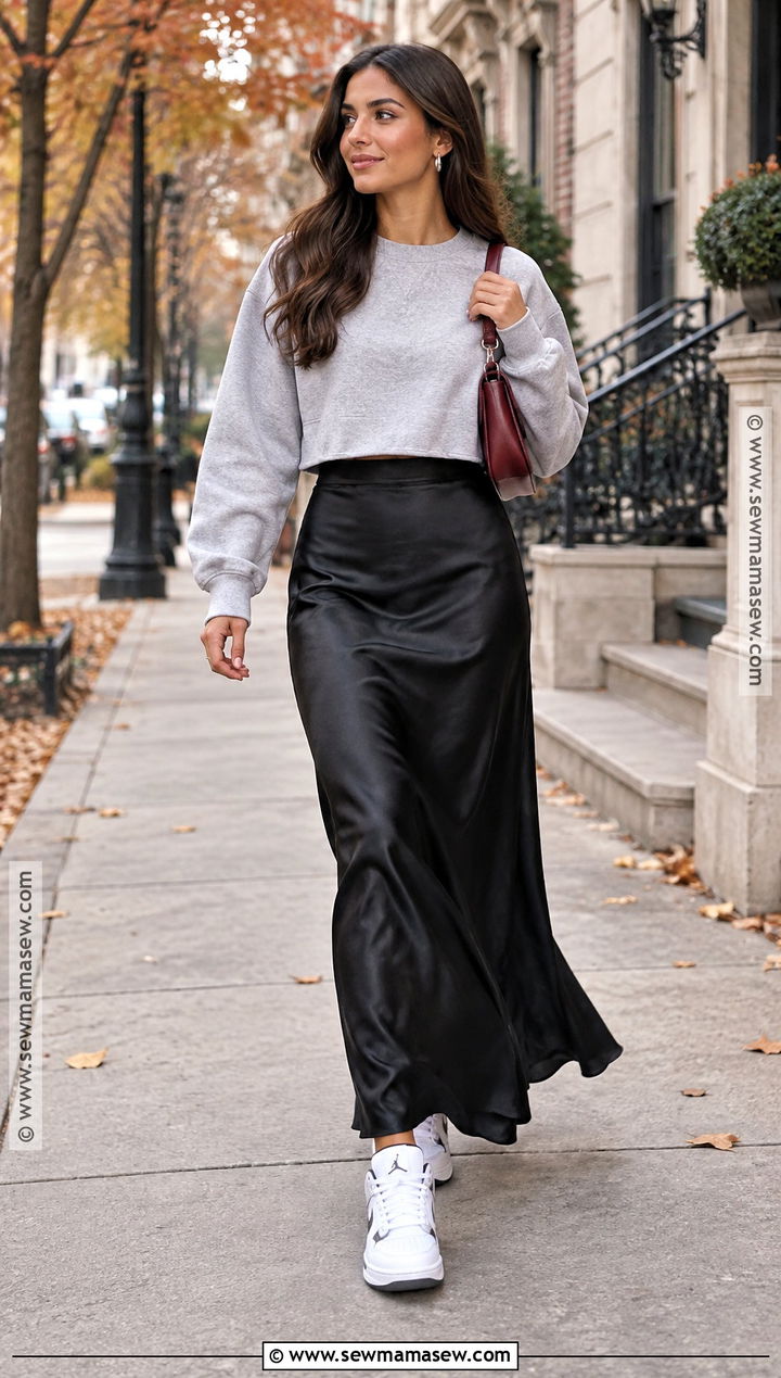 Jordans With A Maxi Skirt And Cropped Sweatshirt - 15 Fall Outfit With Jordans Ideas