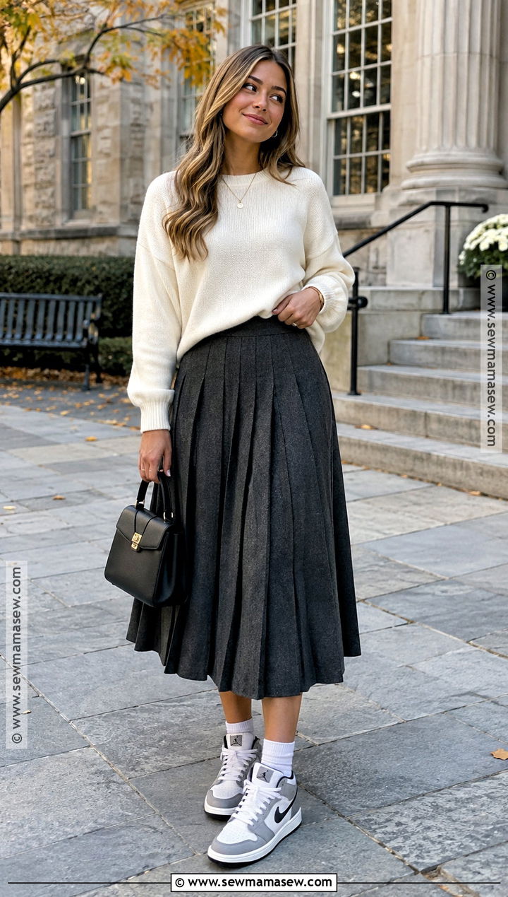 Jordans With A Pleated Skirt And Crewneck Sweater - 15 Fall Outfit With Jordans Ideas