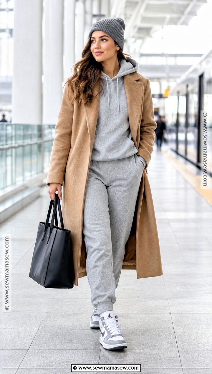 Jordans With Joggers And A Long Wool Coat - 15 Fall Outfit With Jordans Ideas