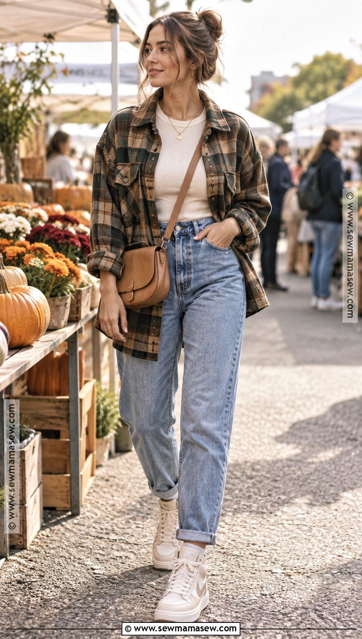 Jordans With Mom Jeans And A Plaid Overshirt - 15 Fall Outfit With Jordans Ideas