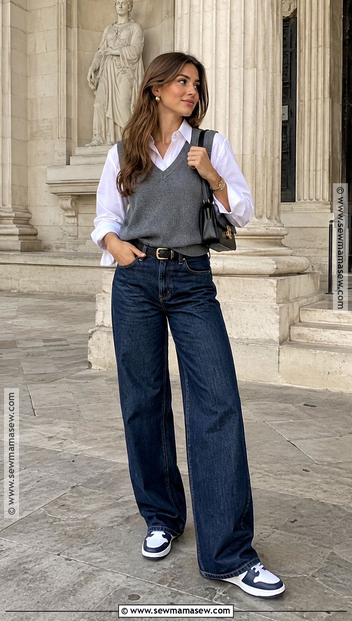Jordans With Wide Leg Jeans And A Sweater Vest - 15 Fall Outfit With Jordans Ideas