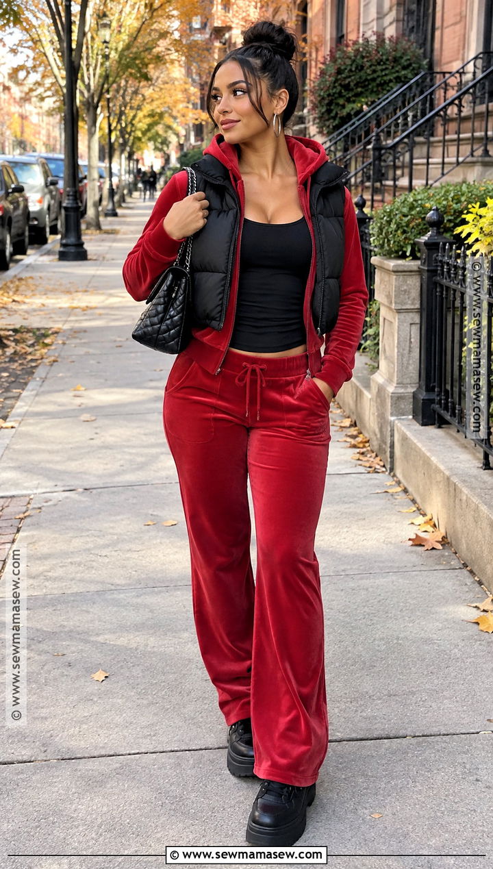 Juicy Couture Red Tracksuit And Puffer Vest Outfit - 15 Juicy Couture Fall Outfits