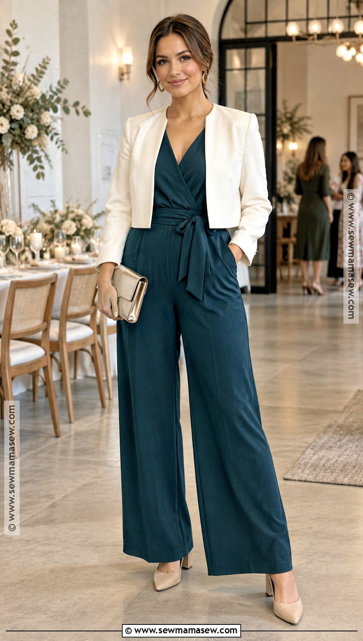 Jumpsuit And Cropped Jacket Baby Shower Outfit - 20 fall baby shower guest outfit ideas