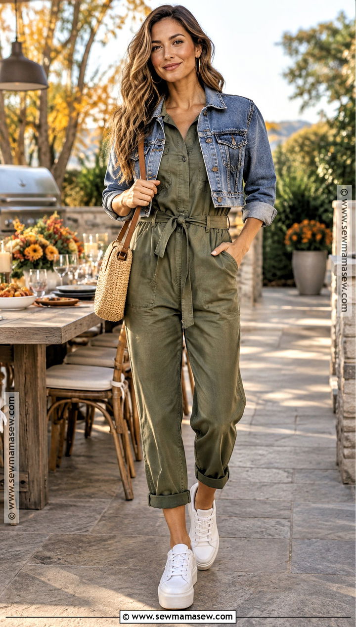 Jumpsuit And Cropped Jacket Fall BBQ Outfit - 20 fall bbq outfit ideas