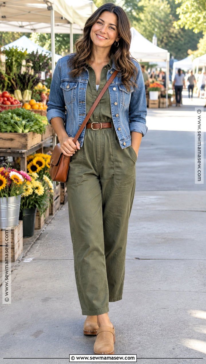 Jumpsuit Denim Jacket And Clogs Fall Outfit - 25 transition to fall outfits