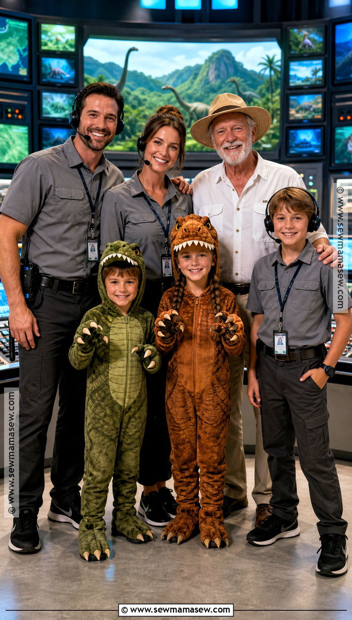 Jurassic Park Control Room Crew And Escaped Dinosaur Costume - 35 jurassic park family costume ideas