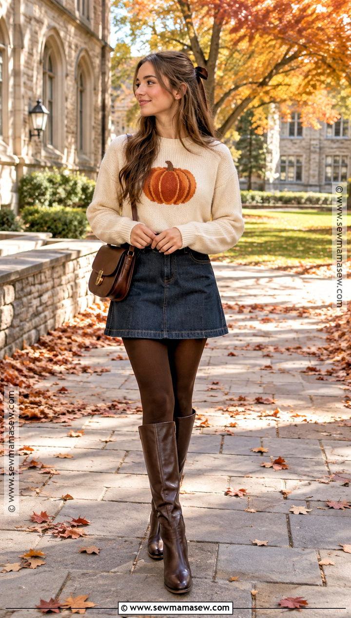 KJP Pumpkin Sweater With Denim Mini Skirt - 15 Kjp Pumpkin Sweater Ideas