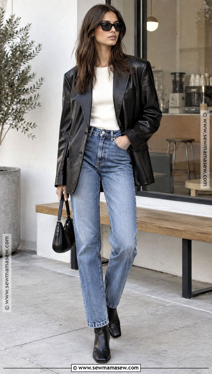 Kaia Gerber Leather Blazer and Blue Jeans Outfit - 15 kaia gerber street style fall ideas