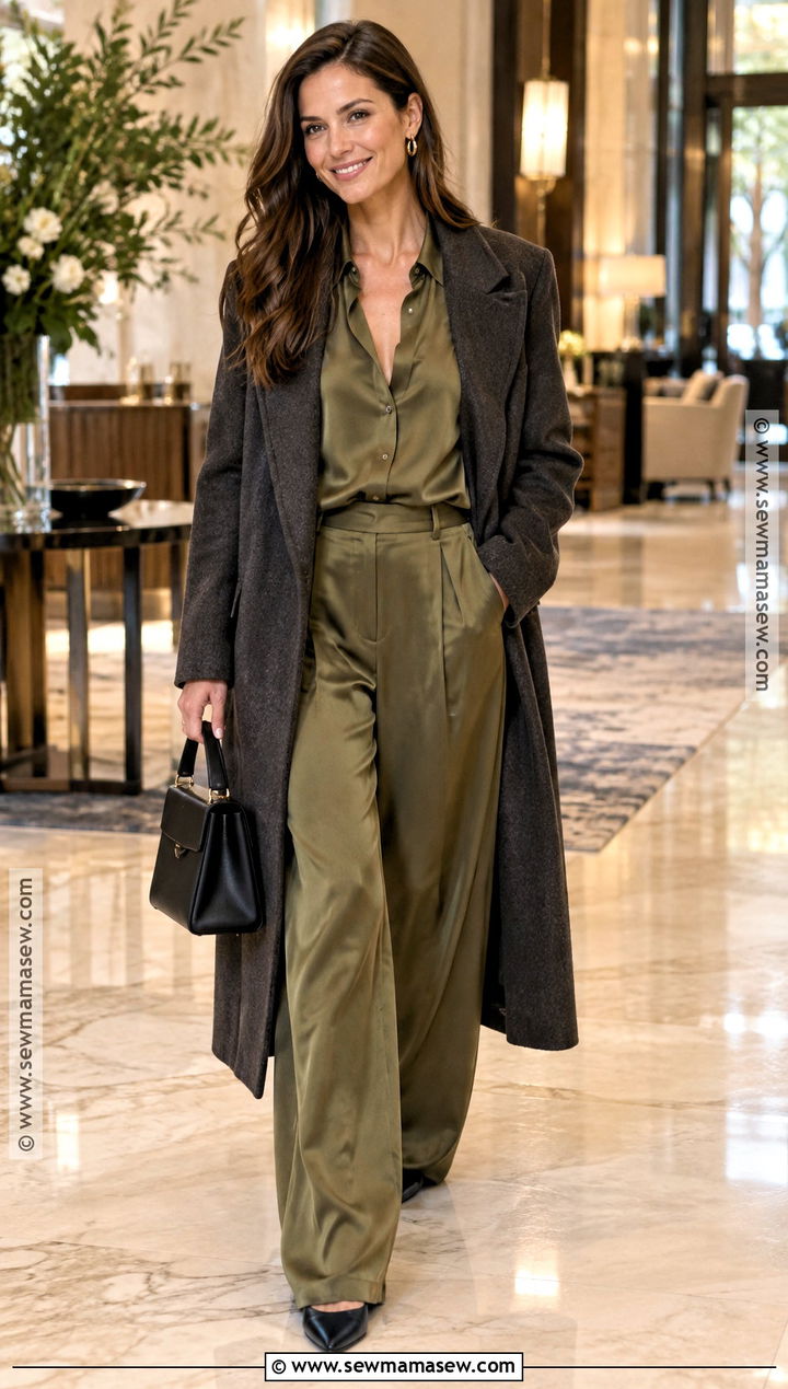 Katie Holmes Fall Silky Matching Set And Long Coat Outfit - 15 katie holmes fall style ideas