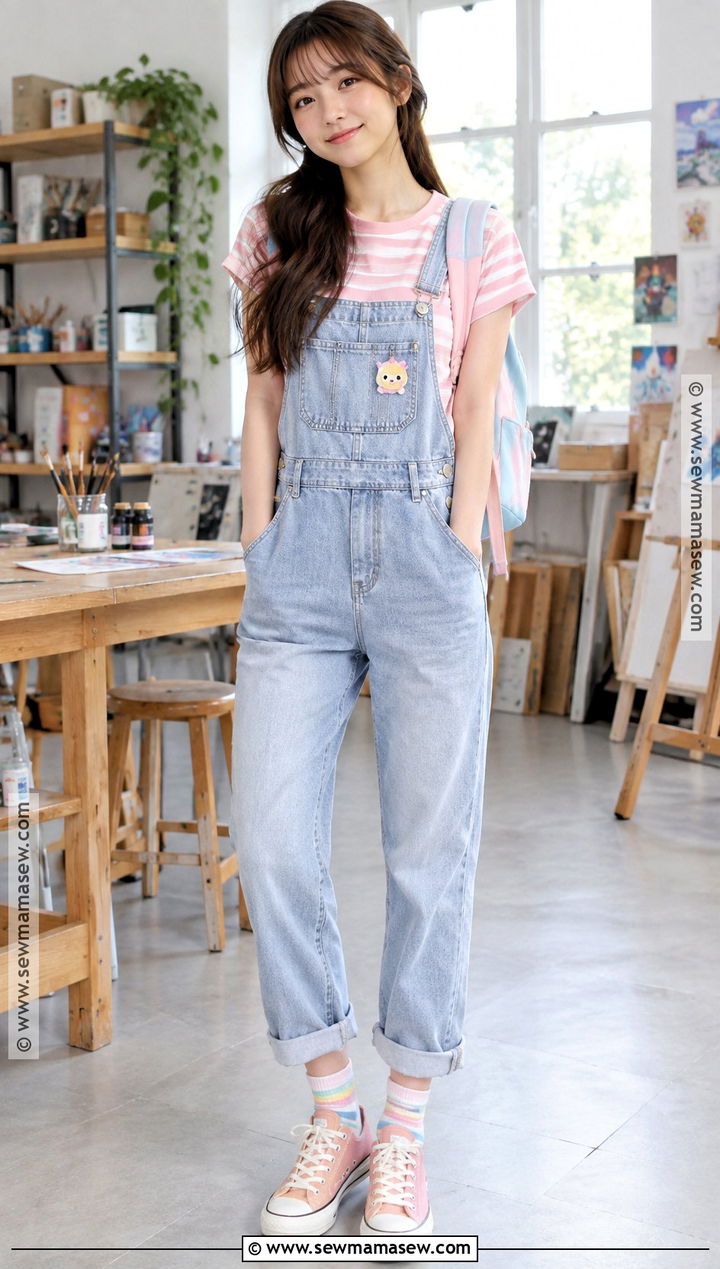 Kawaii Overalls And Striped T Shirt Outfit - 15 kawaii back to school outfits