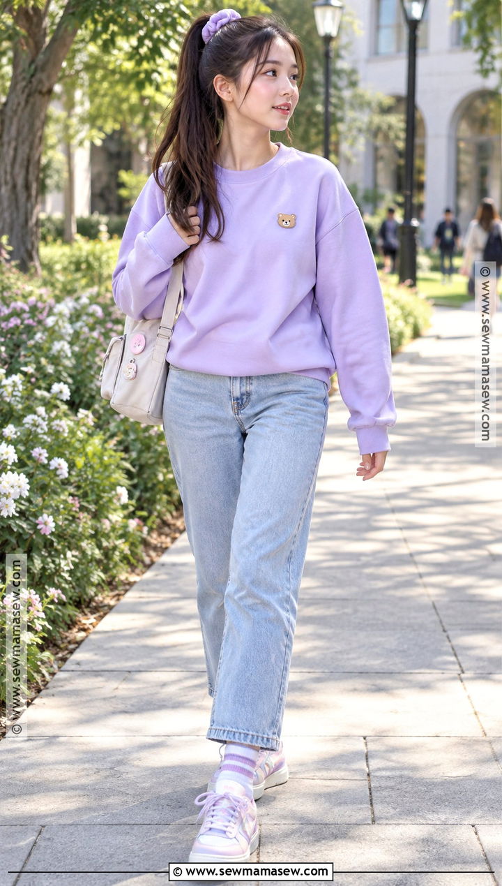 Kawaii Pastel Sweatshirt And Straight Leg Jeans Outfit - 15 kawaii back to school outfits
