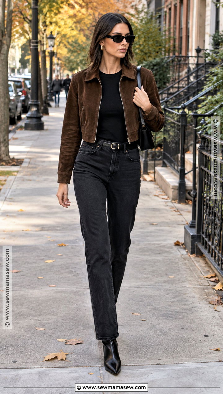 Kendall Jenner Brown Jacket And Black Jeans Outfit - 15 fall celebrity outfits