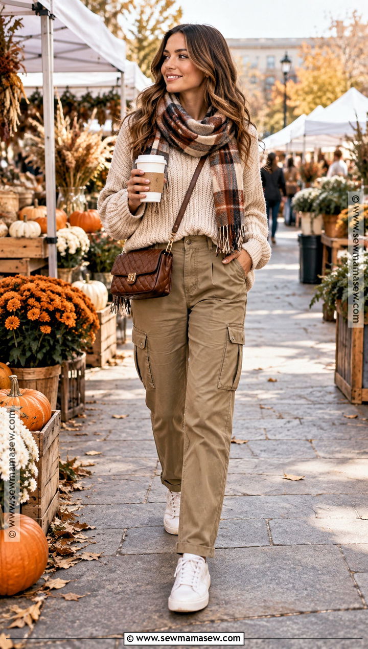 Khaki Cargo Pants With Chunky Sweater And Sneakers - 15 Fall Outfit Ideas With Cargo Pants