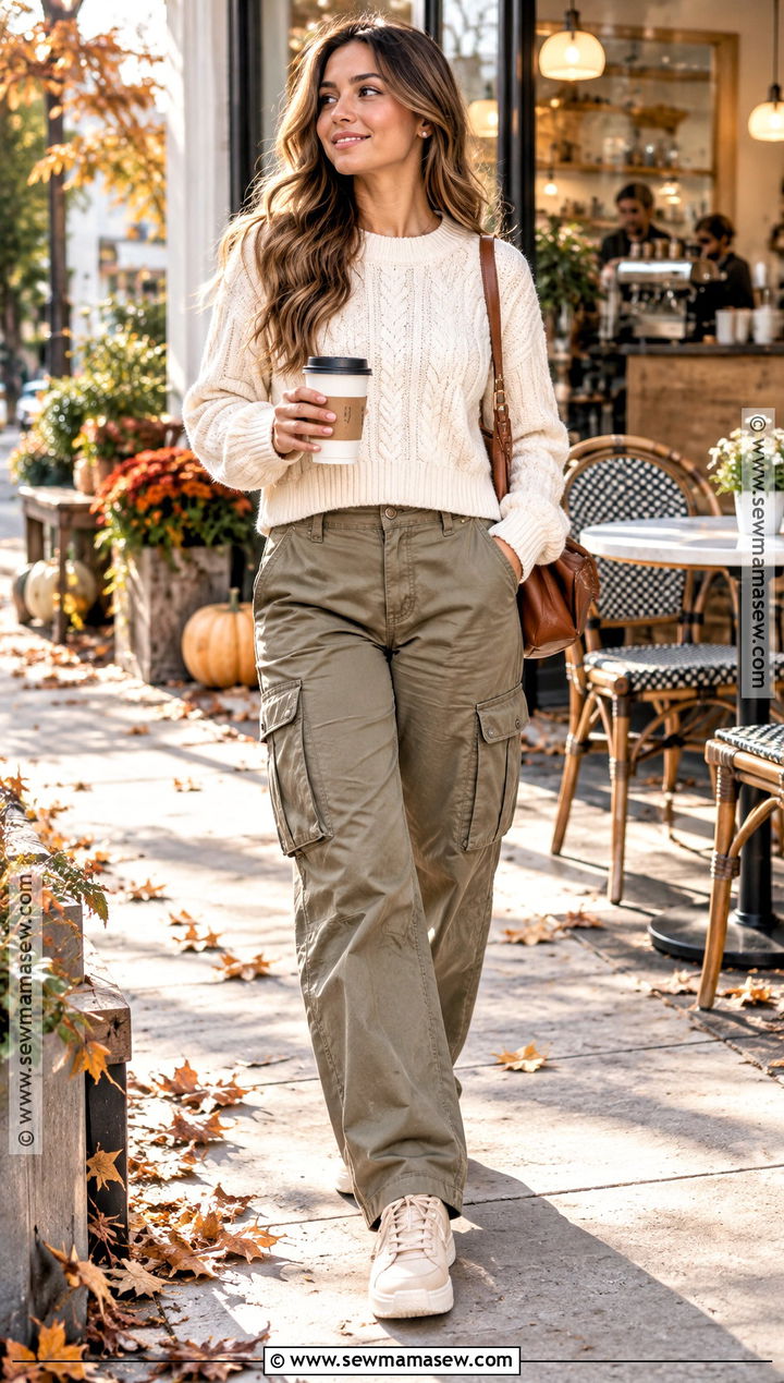 Khaki Cargo Pants With Chunky Sweater And Sneakers - 15 cargo pant fall outfit ideas