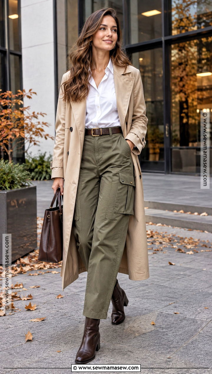 Khaki Cargo Pants With White Shirt And Trench Coat - 15 cargo autumn outfit ideas