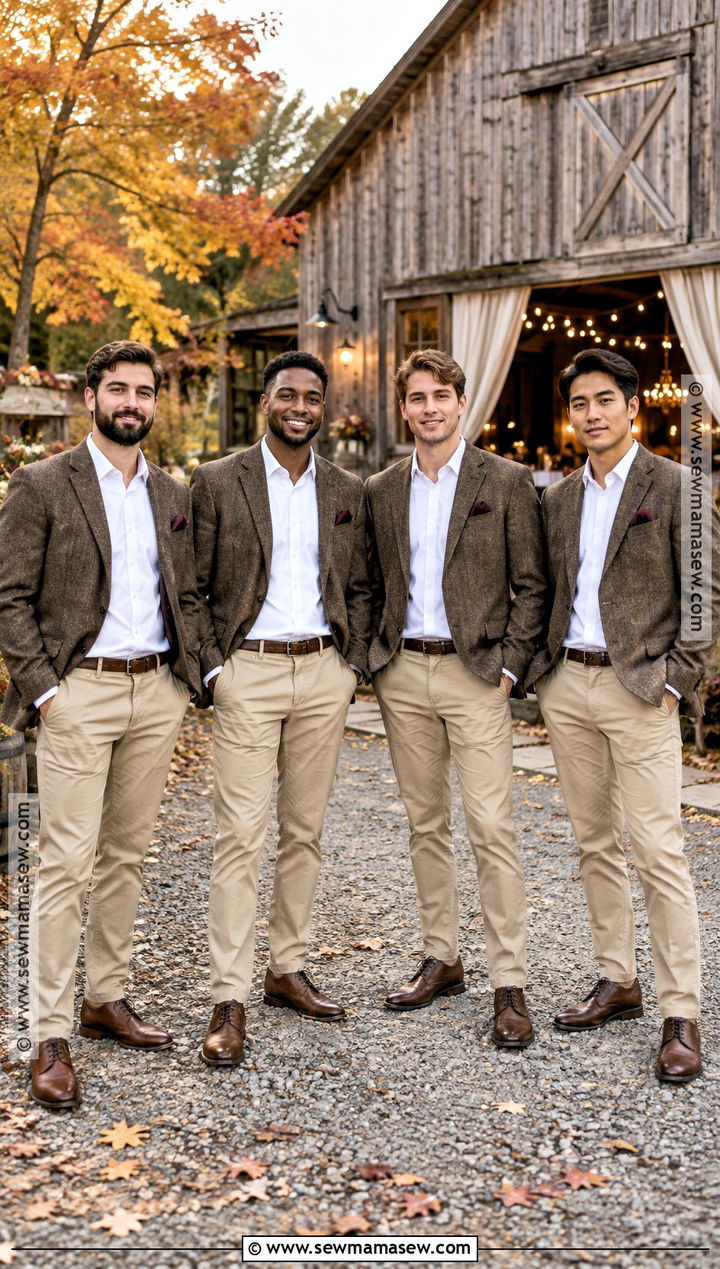 Khaki Chinos and Tweed Blazer Groomsmen Attire - 15 groomsmen attire casual fall ideas
