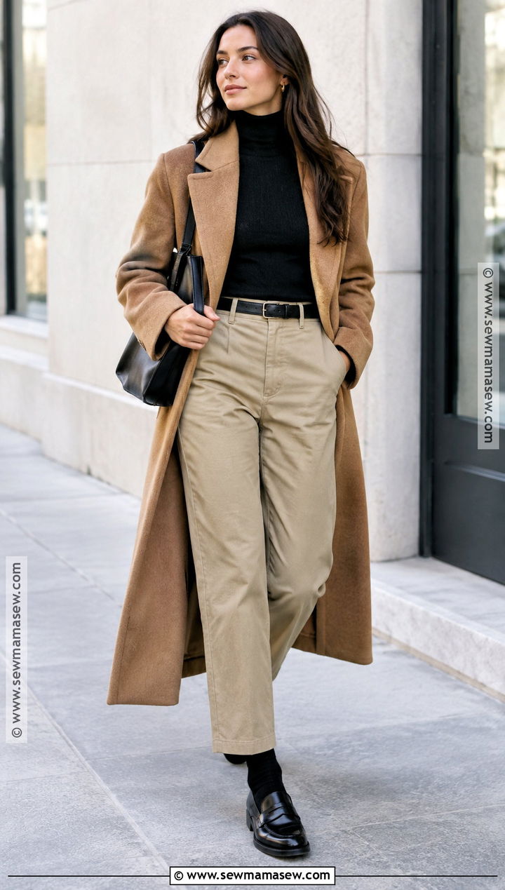 Khaki Dickies Pants With Black Turtleneck And Loafers - 15 Dickies Pants Outfits Women Fall