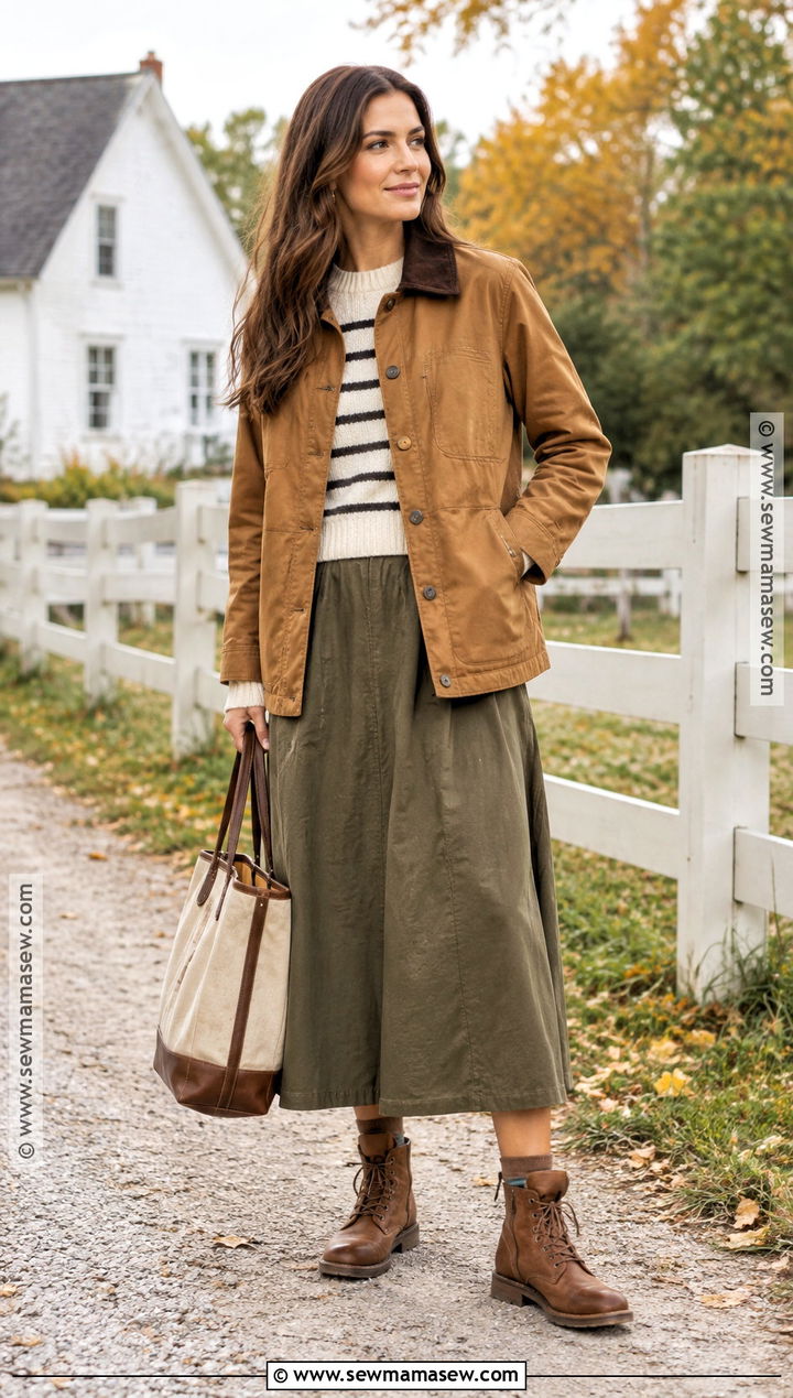 Khaki Midi Skirt With Barn Jacket - 25 autumn outfits skirt