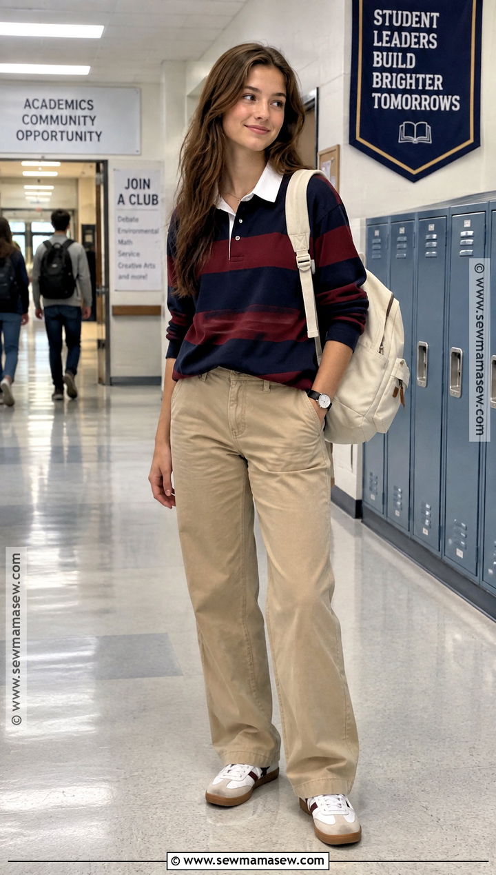 Khaki Pants And Rugby Shirt School Outfit - 20 Girl Back To School Outfits