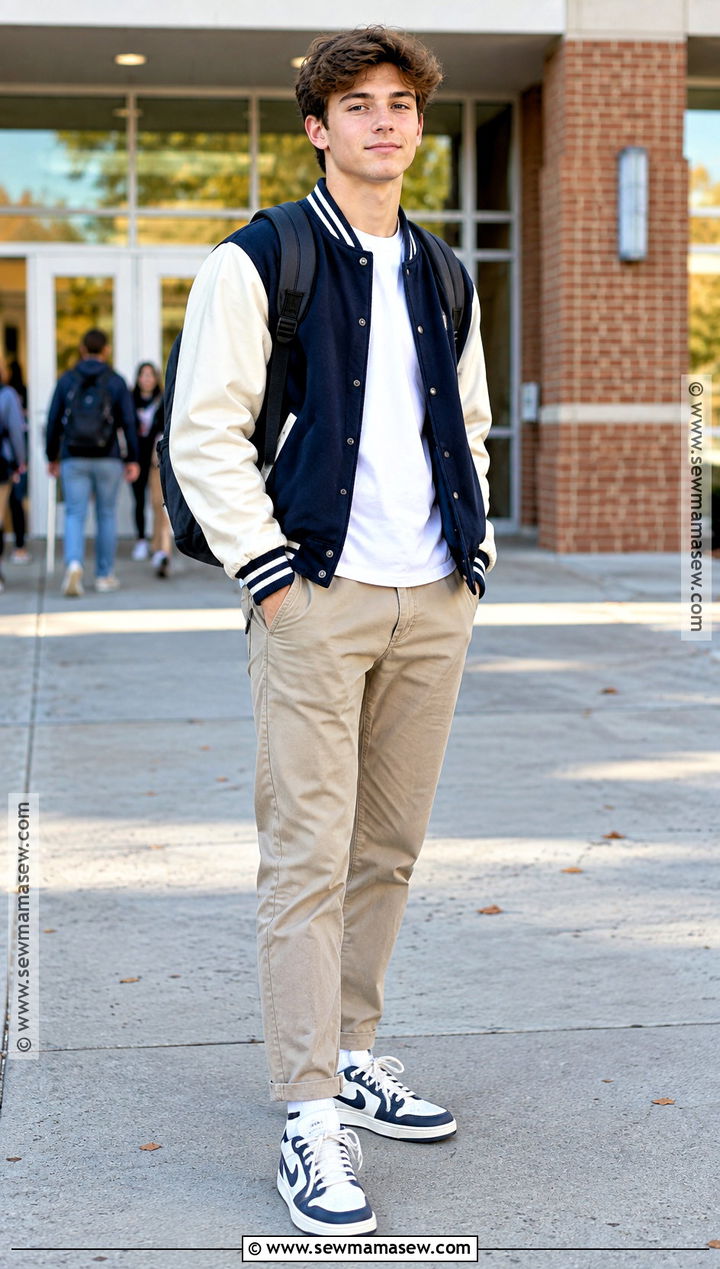 Khaki Pants And Varsity Jacket High School Outfit - 25 back to school fits highschool