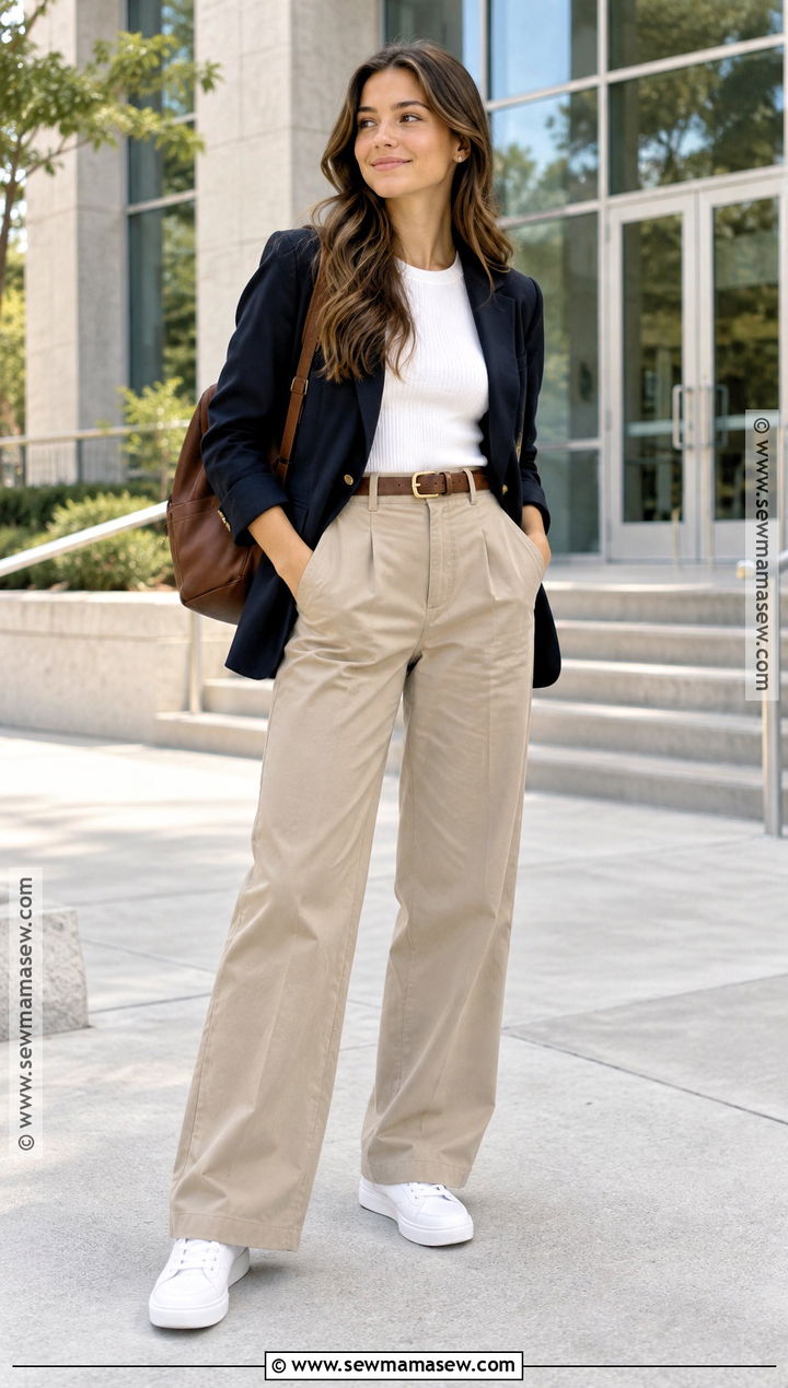 Khaki Pants With Blazer And White Sneakers - 15 back to school outfits khakis