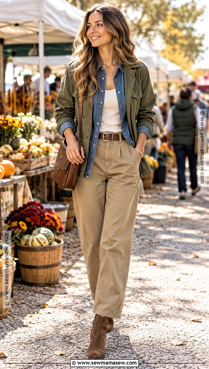 Khaki Pants With Denim Shirt and Suede Boots - 25 Autumn Outfits Pants