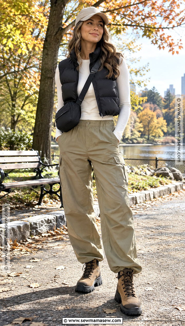 Khaki Parachute Pants With Puffer Vest - 15 Fall Outfits Parachute Pants