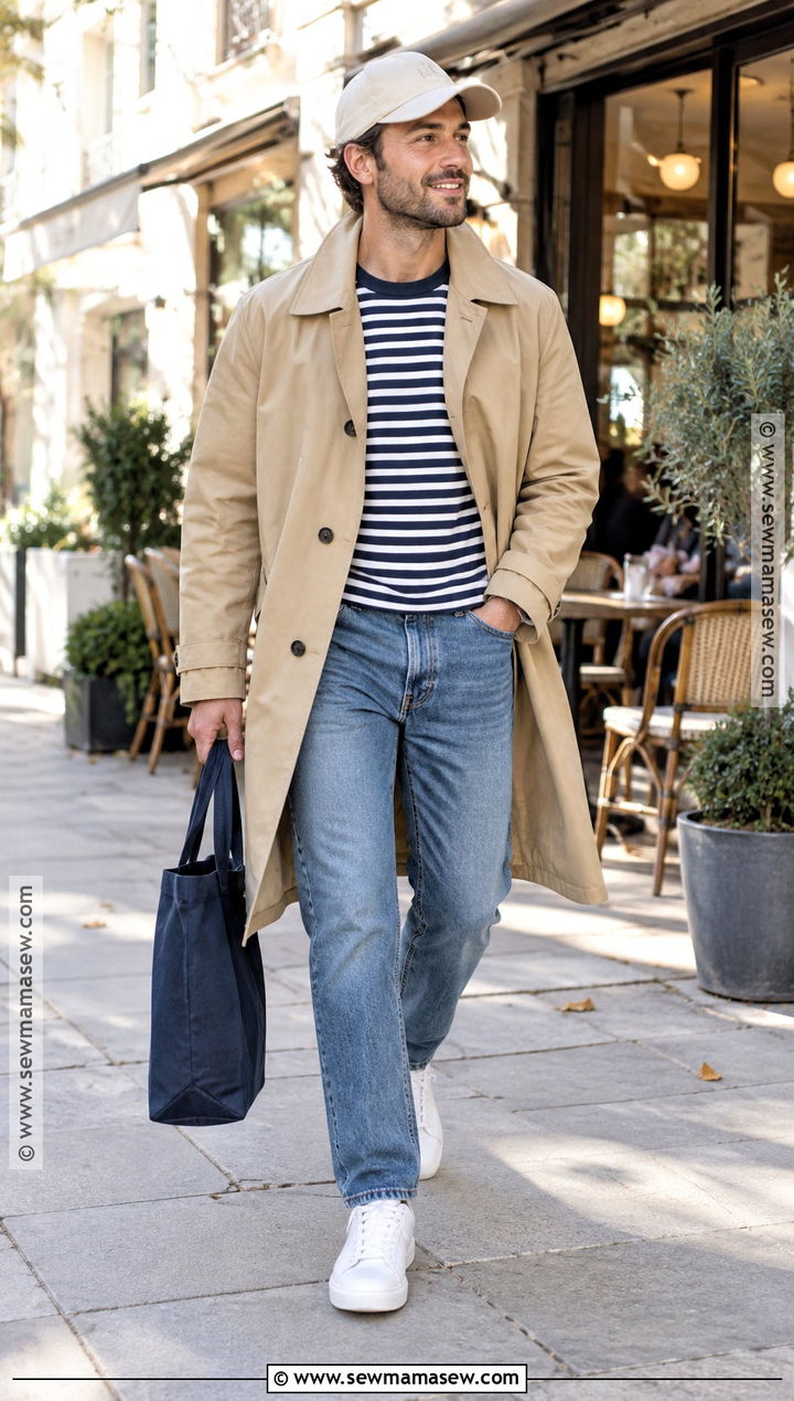 Khaki Trench Coat With Striped Shirt And Blue Jeans - 15 men's autumn trench coat ideas