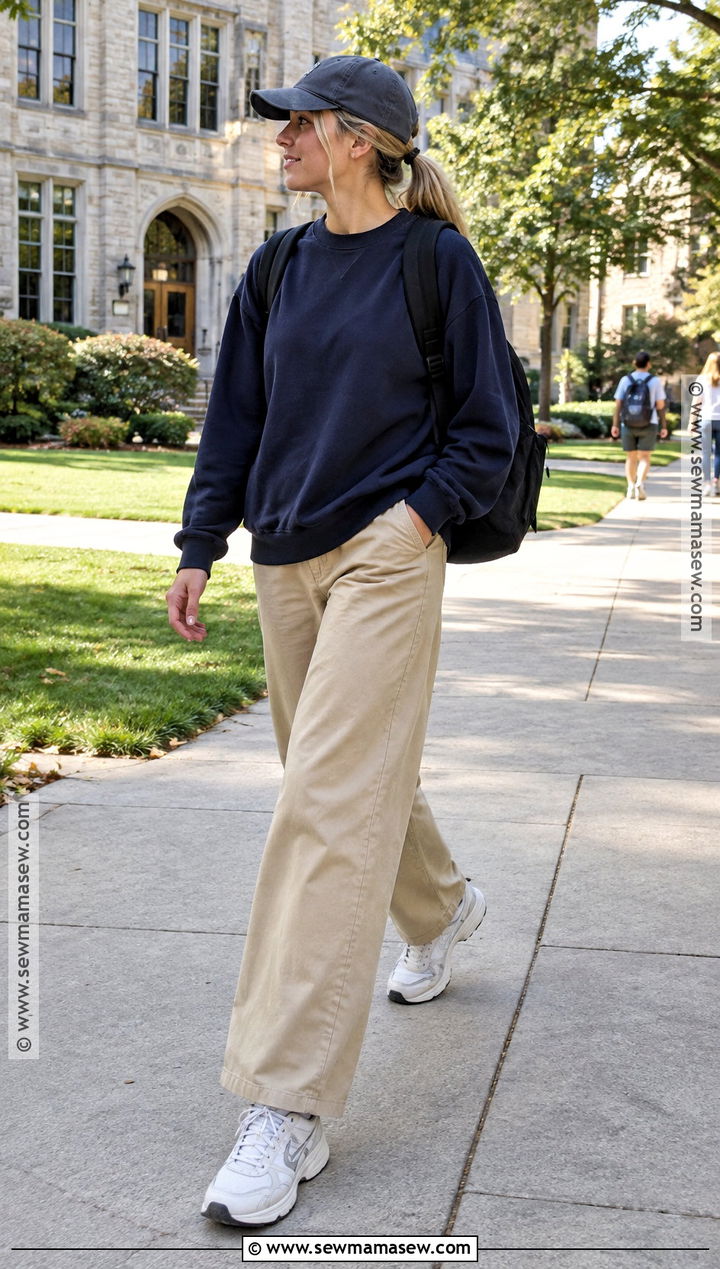 Khaki Trousers With Sweatshirt And Running Shoes - 15 back to school outfits khakis