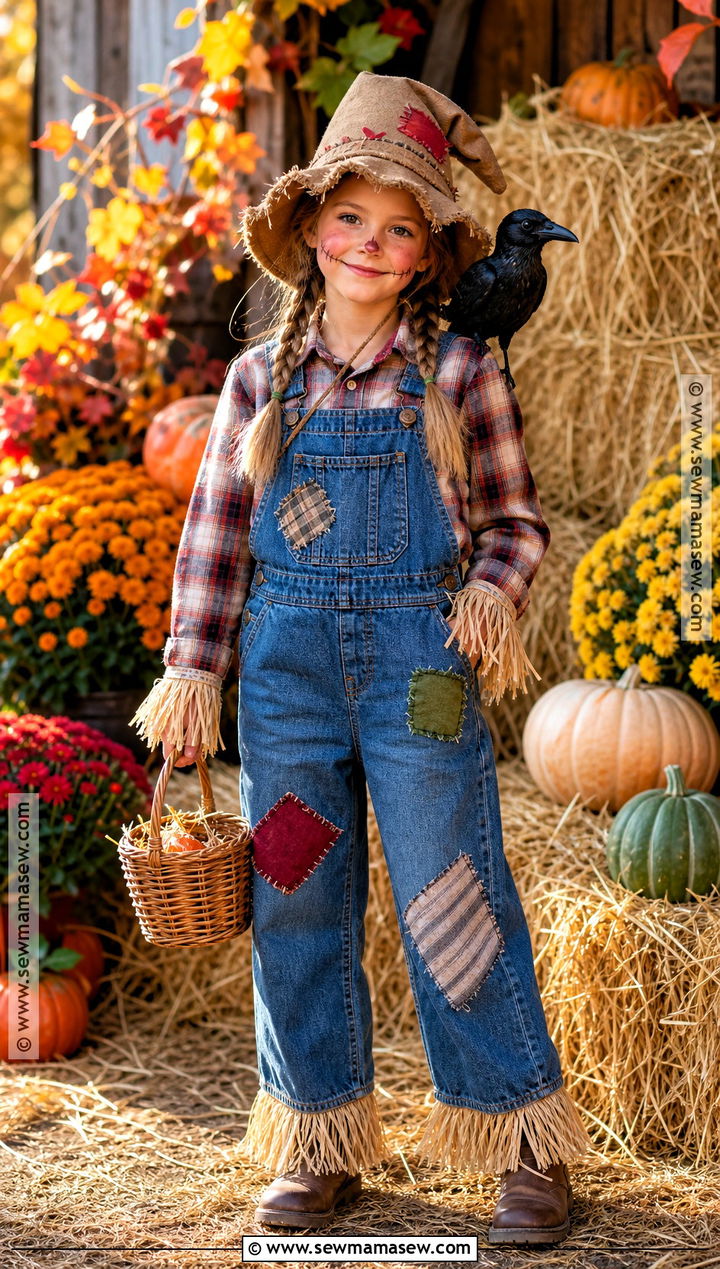 Kid Scarecrow Costume With Patchwork Overalls - 30 kid costumes