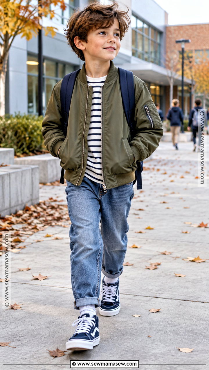 Kids Bomber Jacket And Relaxed Jeans Outfit - 20 kids fall fashion ideas