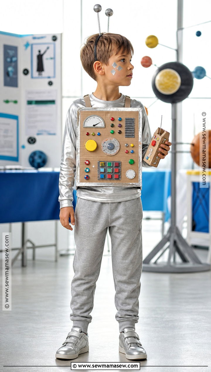 Kids Cardboard Robot Costume With Silver Sneakers - 35 kids halloween costume ideas
