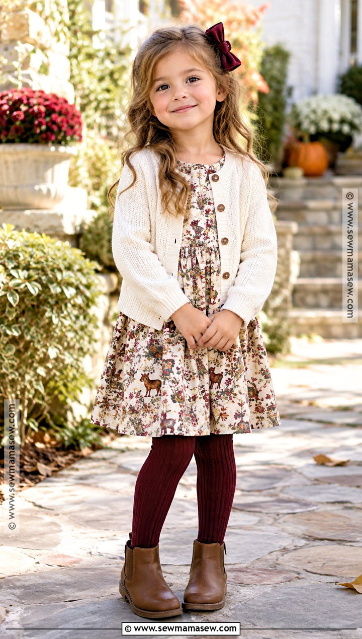 Kids Cardigan And Printed Dress Fall Outfit - 20 kids fall fashion ideas