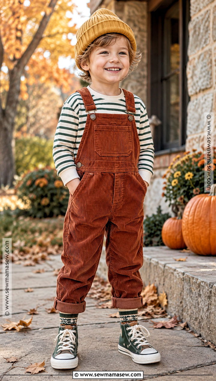 Kids Corduroy Overalls And Striped Shirt Outfit - 20 kids fall fashion ideas