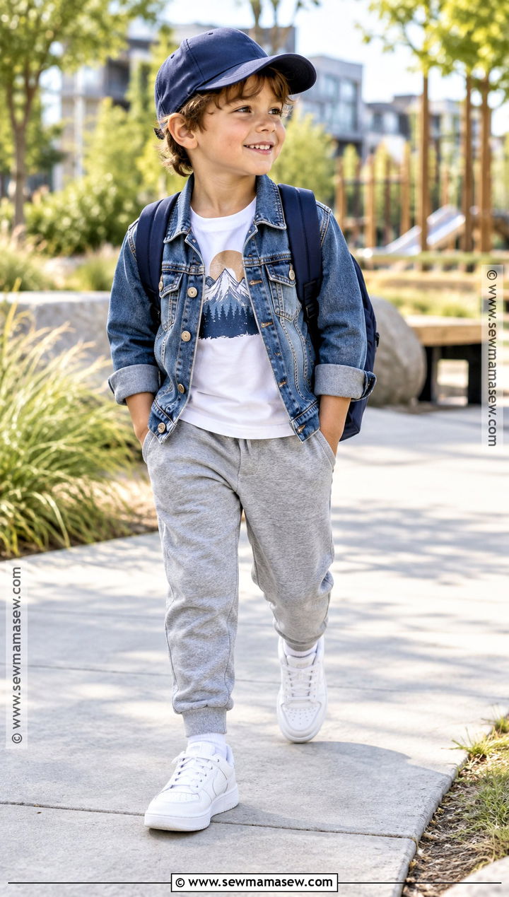 Kids Denim Jacket And Joggers Fall Outfit - 20 kids fall fashion ideas