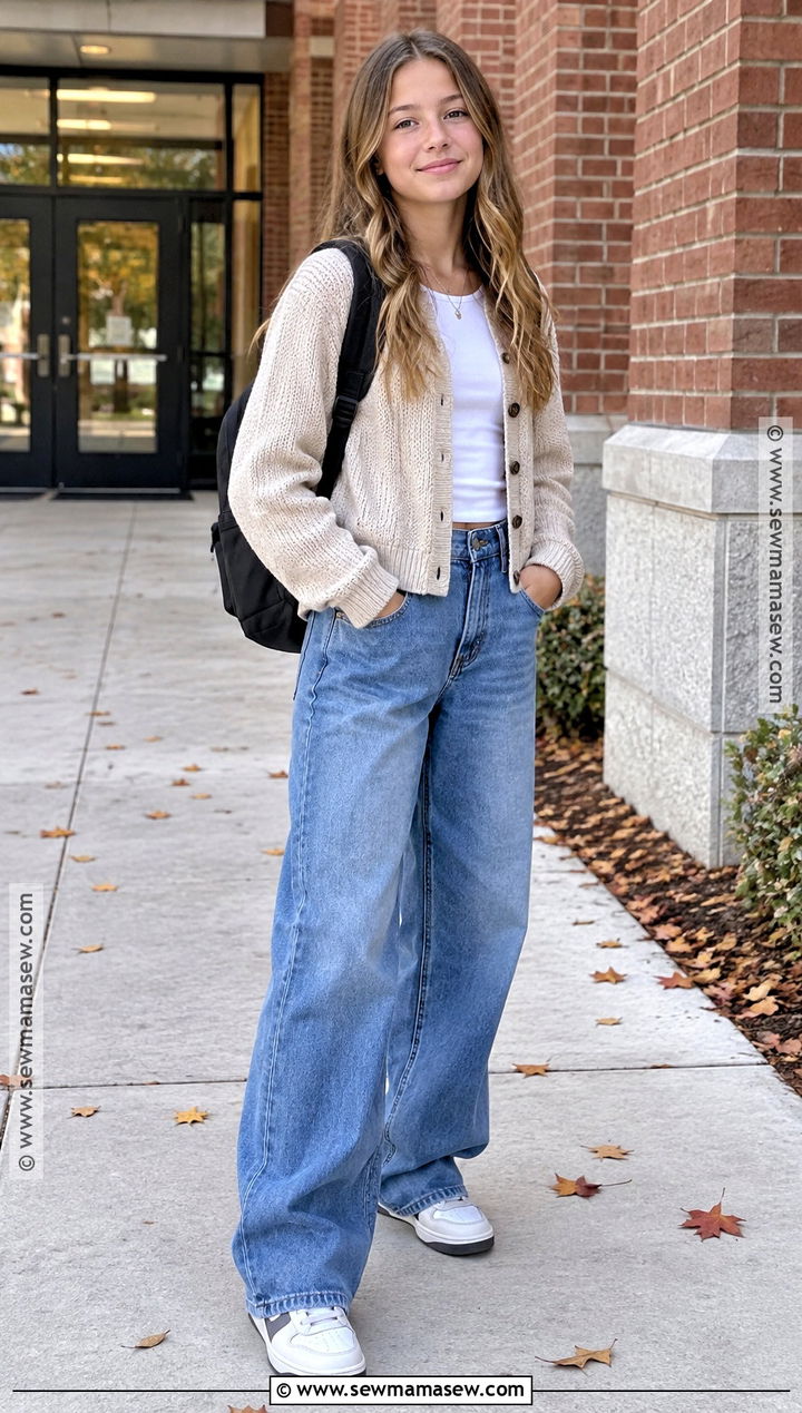 Kids Fall Outfit With Cardigan And Wide Leg Jeans - 15 cute fall outfits for kids