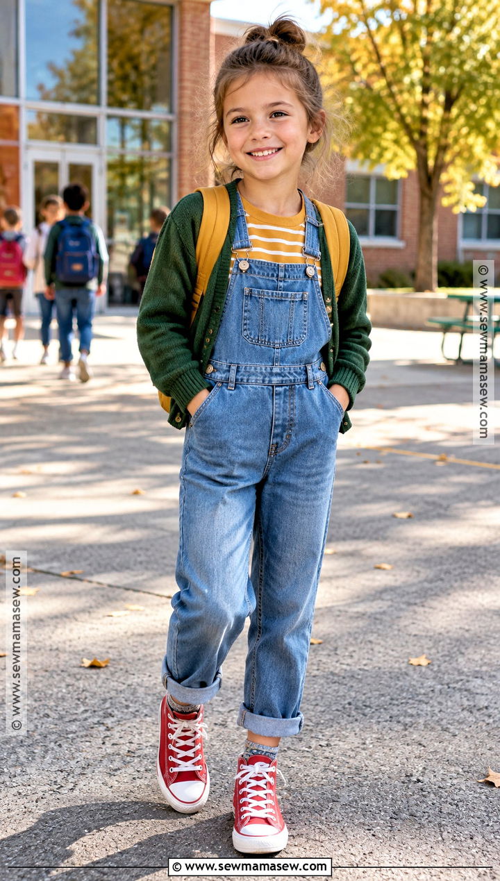 Kids Fall Outfit With Denim Overalls And Long Sleeve Tee - 15 cute fall outfits for kids