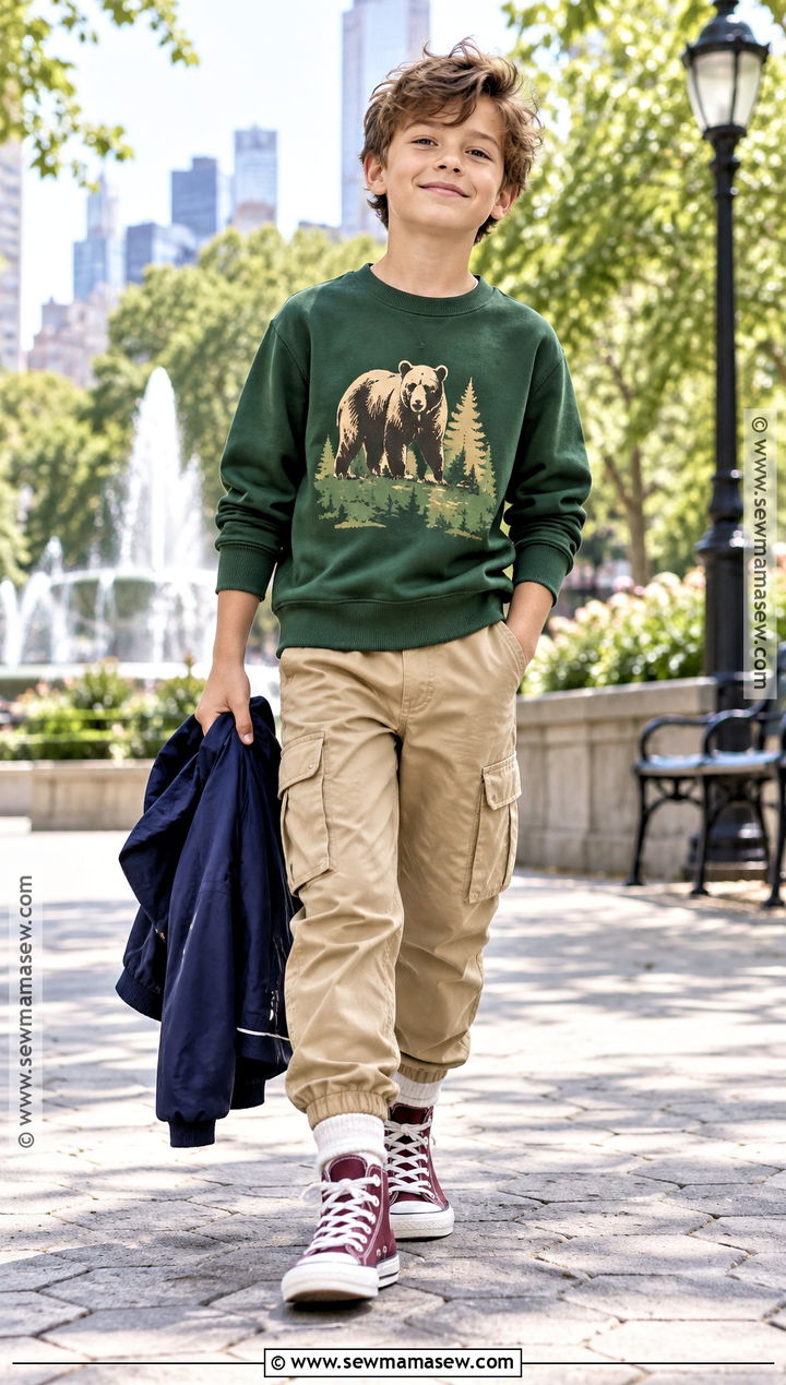 Kids Fall Outfit With Graphic Sweatshirt And Cargo Pants - 15 cute fall outfits for kids