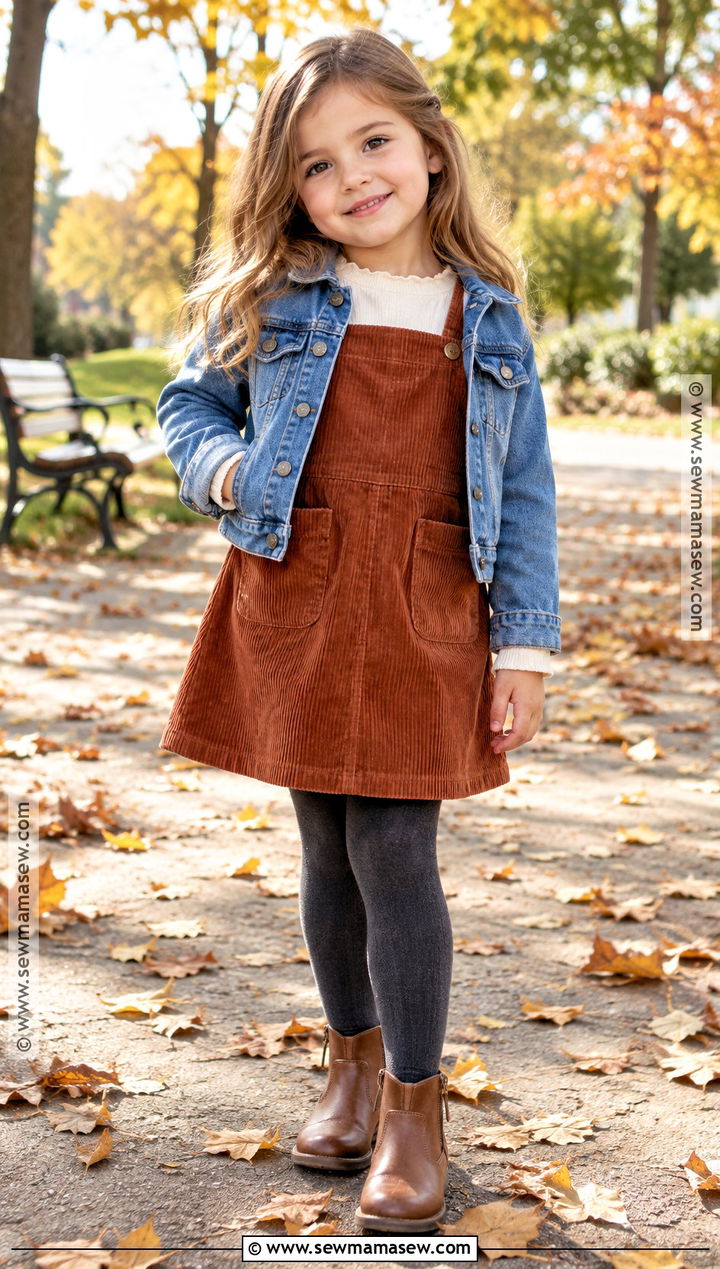 Kids Fall Outfit With Pinafore Dress And Tights - 15 cute fall outfits for kids