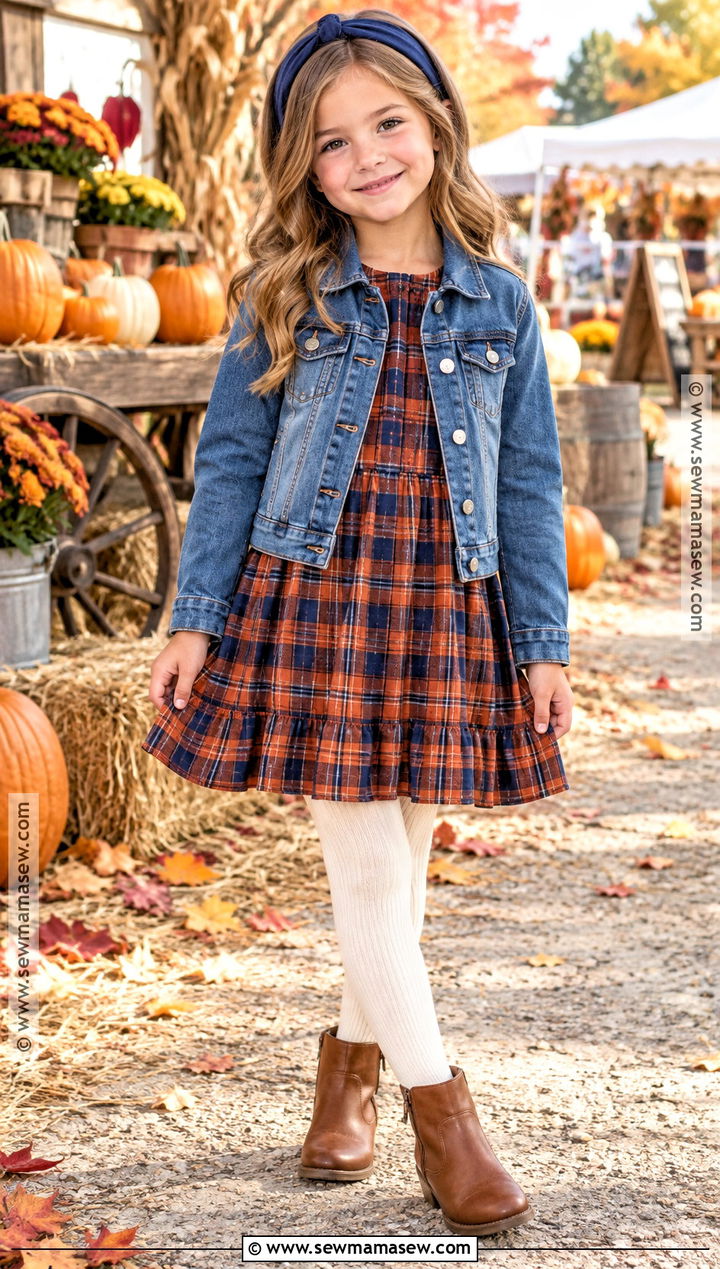 Kids Fall Outfit With Plaid Dress And Denim Jacket - 15 cute fall outfits for kids
