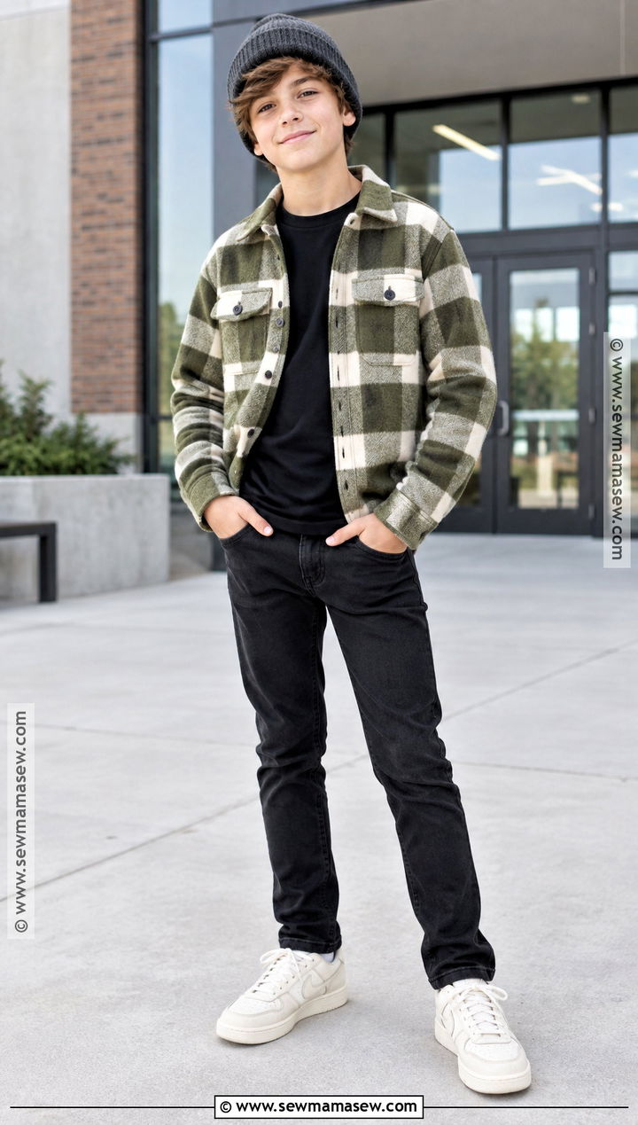Kids Fall Outfit With Shacket And Black Jeans - 15 cute fall outfits for kids