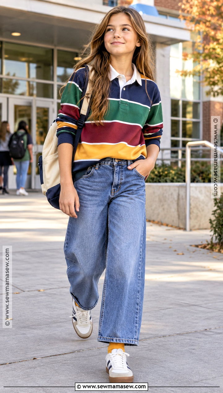 Kids Fall Rugby Shirt And Wide Leg Jeans Set - 15 kids fall clothing set ideas