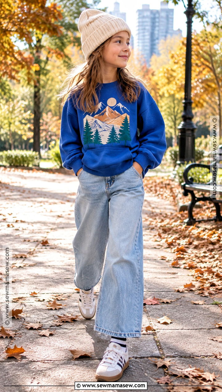 Kids Fall Sweatshirt And Wide Leg Jeans Outfit - 15 fall fashion ideas for kids