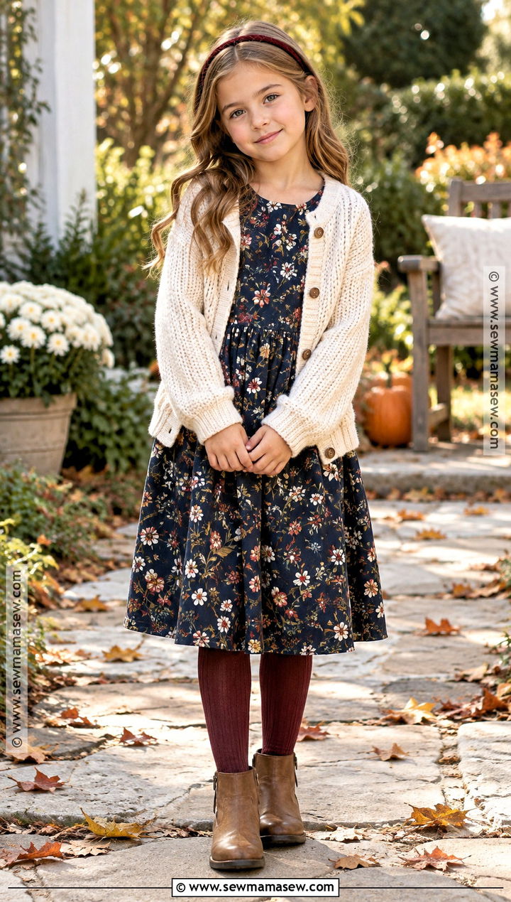 Kids Floral Dress And Cardigan Autumn Outfit - 25 kids autumn outfits