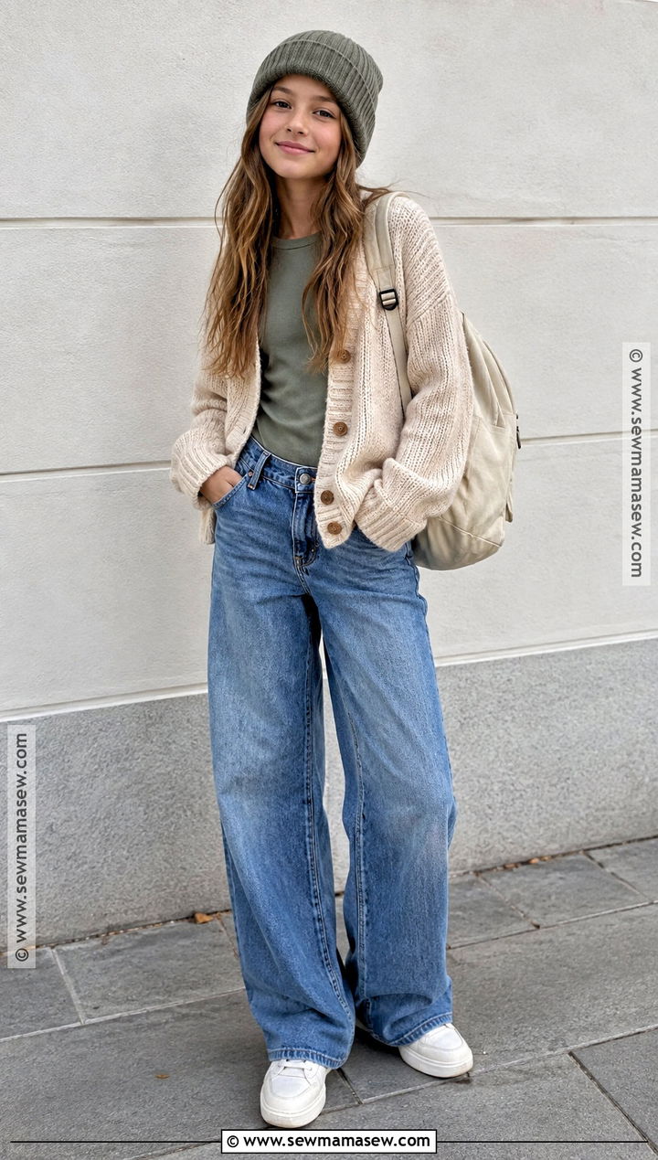Kids Knit Cardigan And Wide Leg Jeans Autumn Outfit - 25 kids autumn outfits