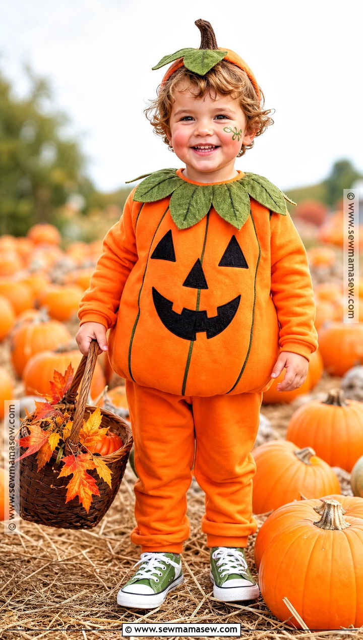 Kids Pumpkin Costume With Green Leaf Collar - 35 kids costume ideas
