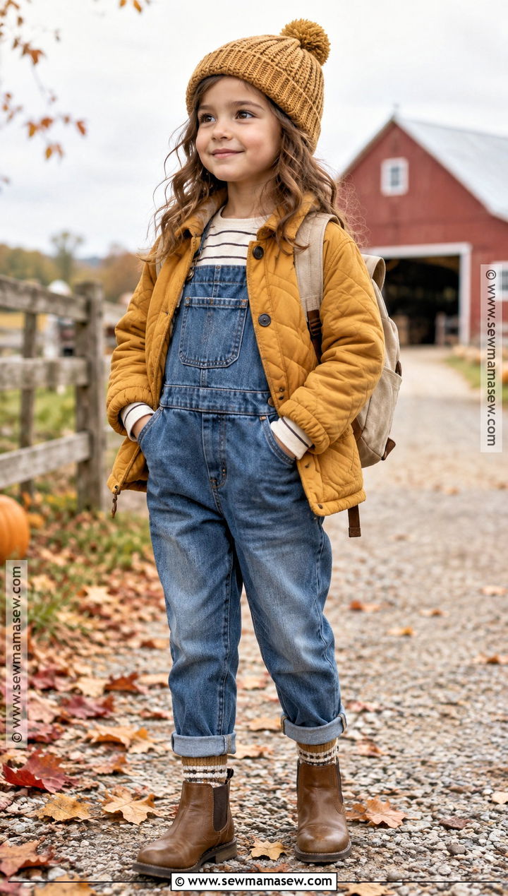 Kids Quilted Jacket And Denim Overalls Outfit - 20 kids fall fashion ideas